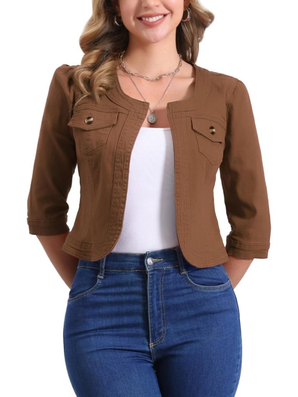 〽️Brown Women's Cropped Jean Jacket Collarless 3/4 Sleeve Denim Cardigan